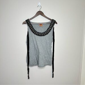Tory Burch Sleeveless Tunic with Black Jewel Neckline Tie Detail Grey Large